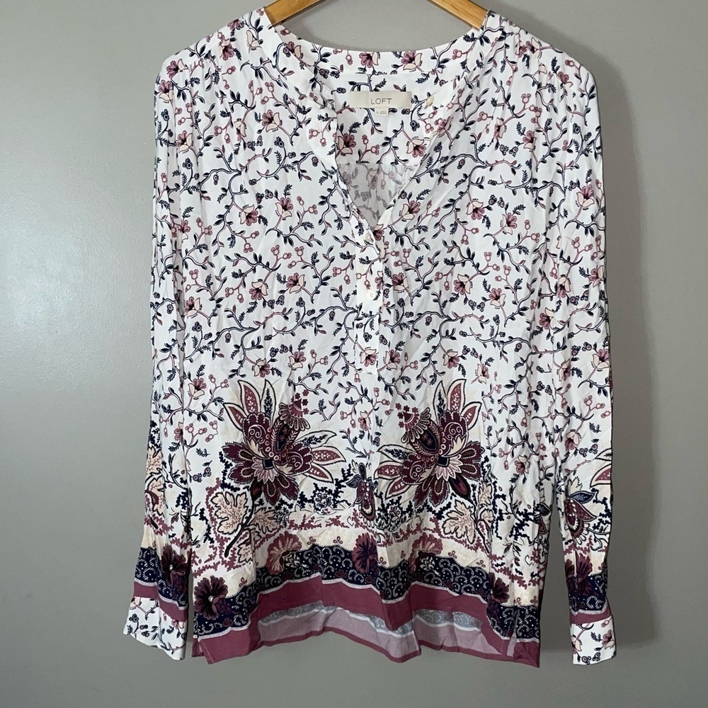 LOFT White Floral Border Print Blouse
